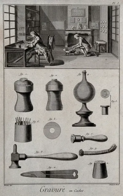 A seal-cutter and his assistant in his workshop, with diagrams of seal-cutting tools beneath