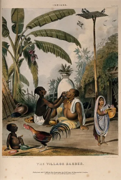 A seated barber shaving a man in a village in Bengal