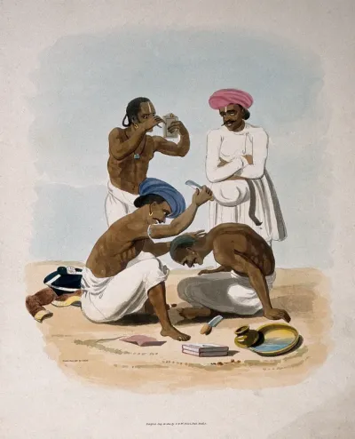 A seated barber shaving the back of a man's neck; another customer examines himself in a mirror and an attendant looks on