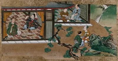 A seated Chinese visitor threatens to cut his own throat in front of his host