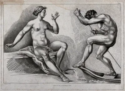 A seated female nude figure and a male nude figure punting in a boat