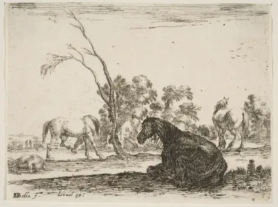 A seated horse to right, seen from behind and turned to the left, three other horses in middleground, a tree in center, plate 8 from "Various Figures" (Agréable diversité de figures)