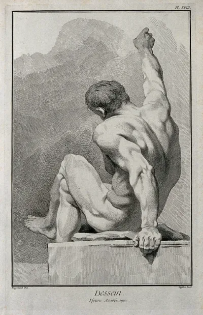 A seated male nude figure with right arm outstretched, seen from behind