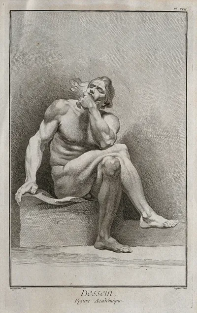 A seated male nude figure