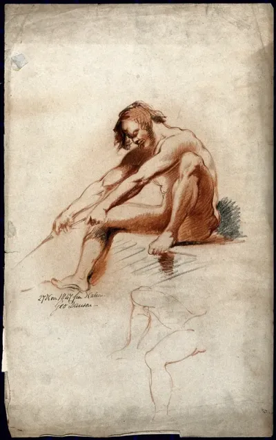 A seated male nude grasping a rope with a second sketch of legs