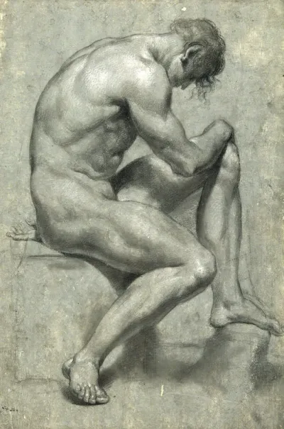 A seated male nude with his head bowed