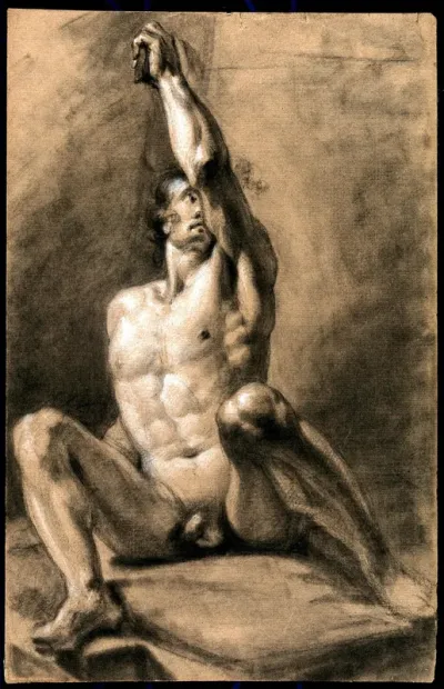 A seated male nude with his left arm raised