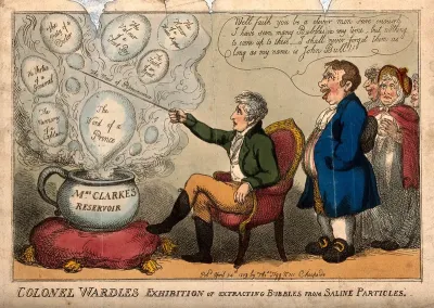 A seated man in front of a chamber pot which is emitting bubbles, a group of people stand behind him; representing Gwyllym Lloyd Wardle's involvement with Mrs