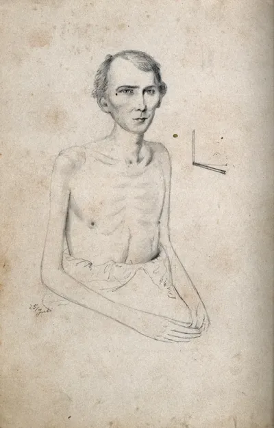 A seated man with naked torso: view of left shoulder