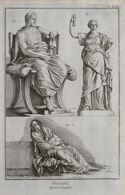 A seated Roman in a toga; a standing figure of Faustina Junior; a draped seated female figure