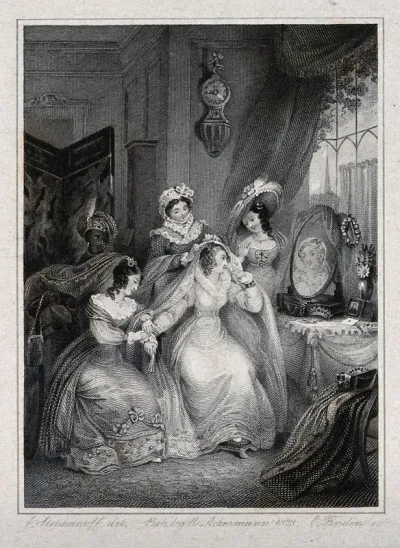 A seated woman at her dressing table surrounded by two women, a maidservant and a boy servant