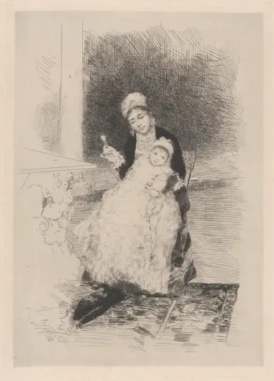 A seated woman holding a child