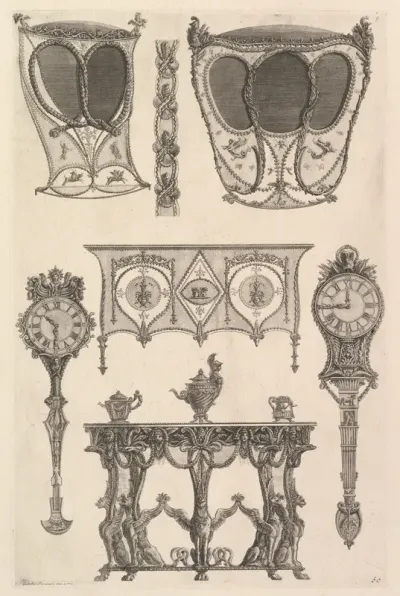 A sedan chair, a coach, a commode, a side table and two clocks (Deux ch. à porteurs v. de côté, une commode, une console, deux pedules, un meuble indét), from Diverse Maniere d'adornare i cammini ed ogni altra parte degli edifizi...(Different Ways of