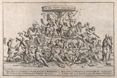A seething mass of people driven by a multitude of different wills; representing the levelling of life by death