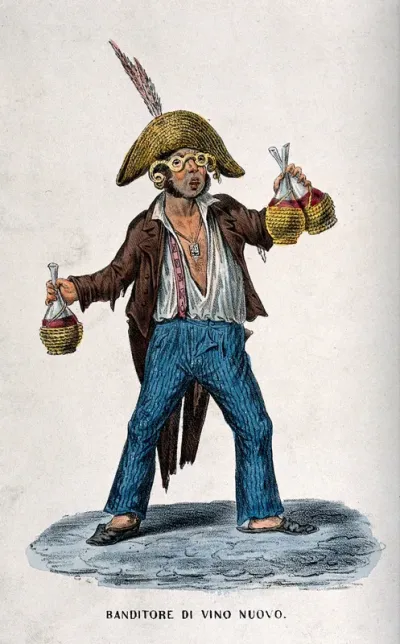 A seller of red wine crying up in his wares