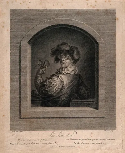 A seller of spectacles showing his wares and wearing a large pair of spectacles