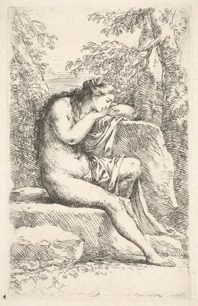 A semi-nude woman seated, resting her head on a rock, from "Figurine"
