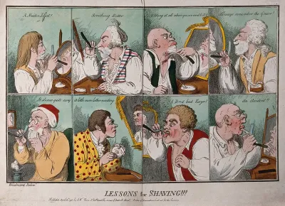 A sequence of eight images showing men shaving