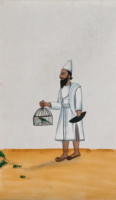 A servant holds a parrot in a cage with one hand while the other is immersed in a bowl of grain (?)