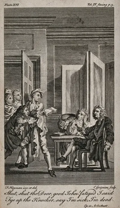 A servant preventing a messenger from delivering some letters to two weary men seated at a table (Alexander Pope and John Arbuthnot)