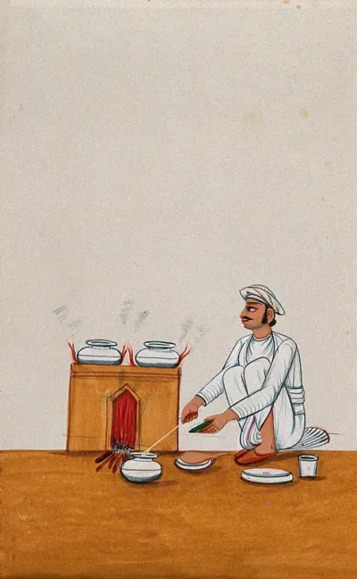 A servant serves food from a degchi (pot), while two other dishes are heated on the fire