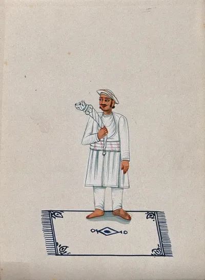 A servant standing on a carpet and holding a stick with a tiger head