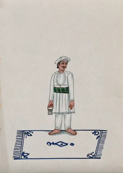A servant standing on a carpet holding a bunch of keys