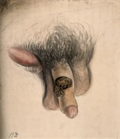 A severely diseased penis, with a swelling in the groin area