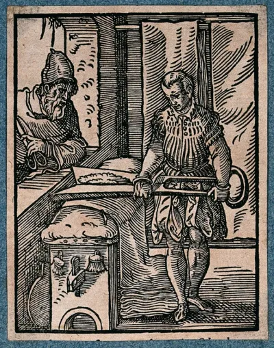 A shearman removing the nap from rough woven cloth, watched by another man from a window