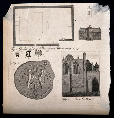 A sheet of details of Mount Grace Monastery and Eton College, with a seal and ground plan