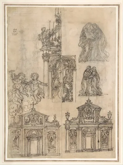 A Sheet of Studies with Architectural Motifs and Two Sketches for a Visitation (recto); Sketch for a Funerary Monument (verso)