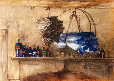 A shelf of bottles containing medicinal chemicals, with dried herbs suspended from a hook