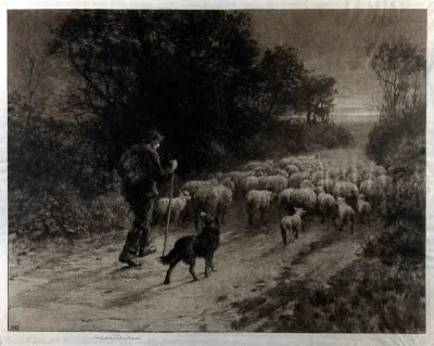 A shepherd and his dog, driving a flock of sheep along a country lane