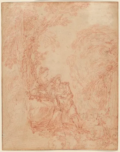 A Shepherd and Shepherdess Seated under a Tree