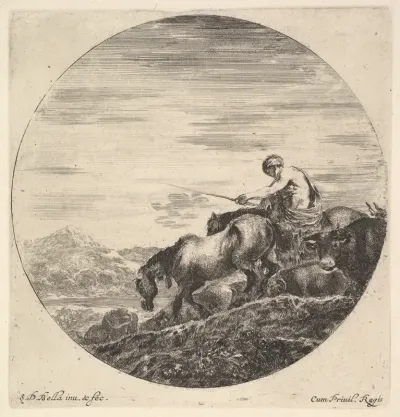 A shepherd at right, facing left, driving a group of animals downhill, from "Six Animal Subjects" (Six Sujets d'Animaux)