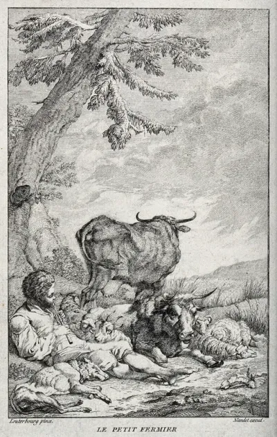 A shepherd boy piping to sheep, goats and cows which are grouped around him