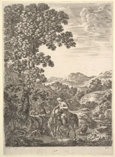 A shepherd on horseback in the middle of a stream, dogs, goats and cows follow, a large tree to left and mountains to right in the background, from "Four large landscapes" (Quatre grands paysages en hauteur)