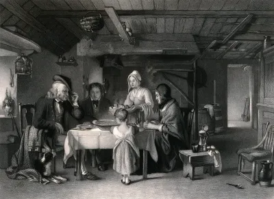 A shepherd's family saying grace at the meal table with a sheep dog sitting under the father's chair