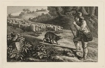 A Shepherd Scolding His Dog for Letting His Sheep Run Away