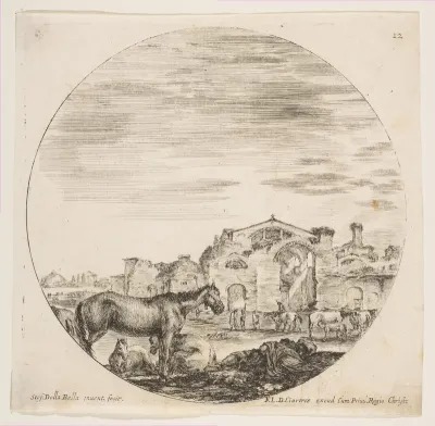 A shepherd sleeping on the ground at right, three horses at left, other horses and various figures to right, the Baths of Diocletian in the background, plate 12 from "Roman landscapes and ruins" (Paysages et ruines de Rome)