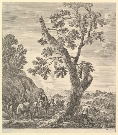 A shepherd with two horses and a peasant woman on horseback with a child in her arms to left, a large tree in center, from "Six large views, four of Rome and two of the Roman countryside" (Six grandes vues, dont quatre de Rome et deux de la Campagne 