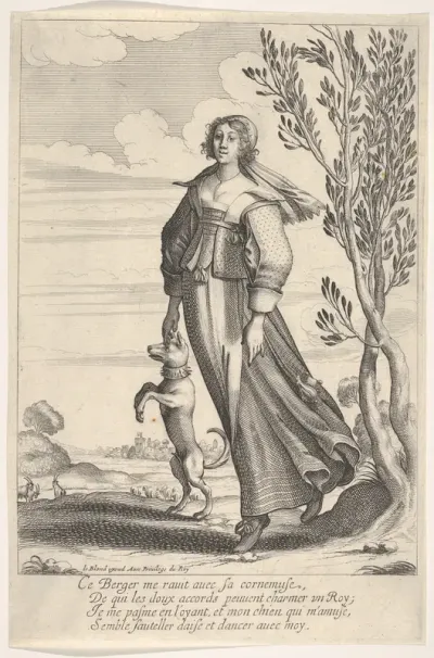 A shepherdess, accompanied by her dog, dancing to the sound of a musette