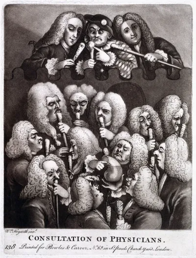 A shield containing a group portrait of various doctors and quacks, including Mrs Mapp, Dr