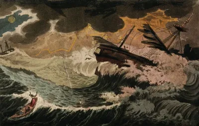 A ship caught in a storm; three people in a lifeboat in the foreground