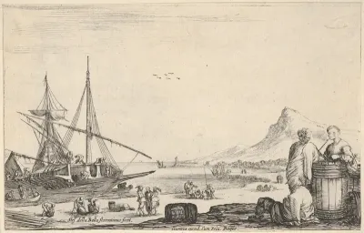 A ship disembarking to left, two galley slaves stand and one sits next to a barrel to right, various other figures on the shore, a mountain to right in the background, from "Varie Figure"