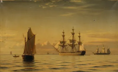 A ship of the line with other shipping on a calm sea .