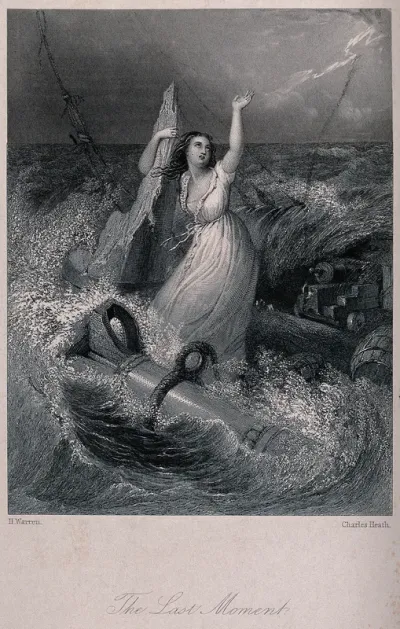 A shipwrecked woman holds on to the remains of a ship-mast waving for help in the stormy sea
