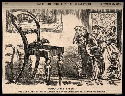 A shocked family discovering a chair that has increased enormously in size due to being polished with cod-liver oil