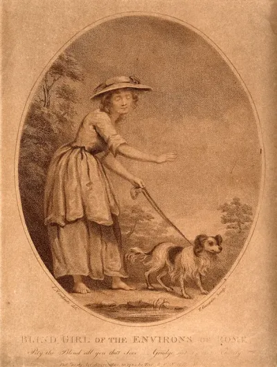 A shoeless blind girl is led by a dog on a path