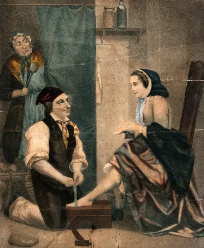 A shoemaker measures up the feet of a young woman who is sitting on a chair holding a shoe in her hand; they exchange looks as they are watched by a displeased woman (his wife?) who is holding a spoon